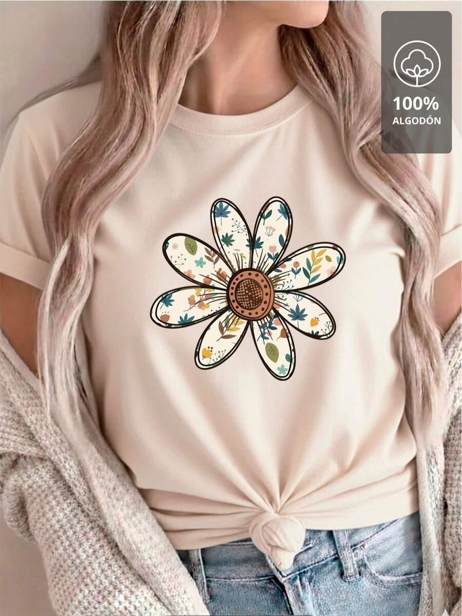 100% Cotton T-Shirt With Multicolor Floral Mandala - Light Beige - View 1