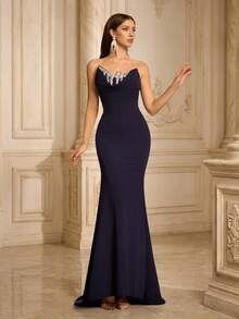 VIPGIRL Novo e elegante vestido de noite luxuoso azul marinho com busto plissado, perfeito para casamentos e festas formais. - Azul marinho - Ver 1