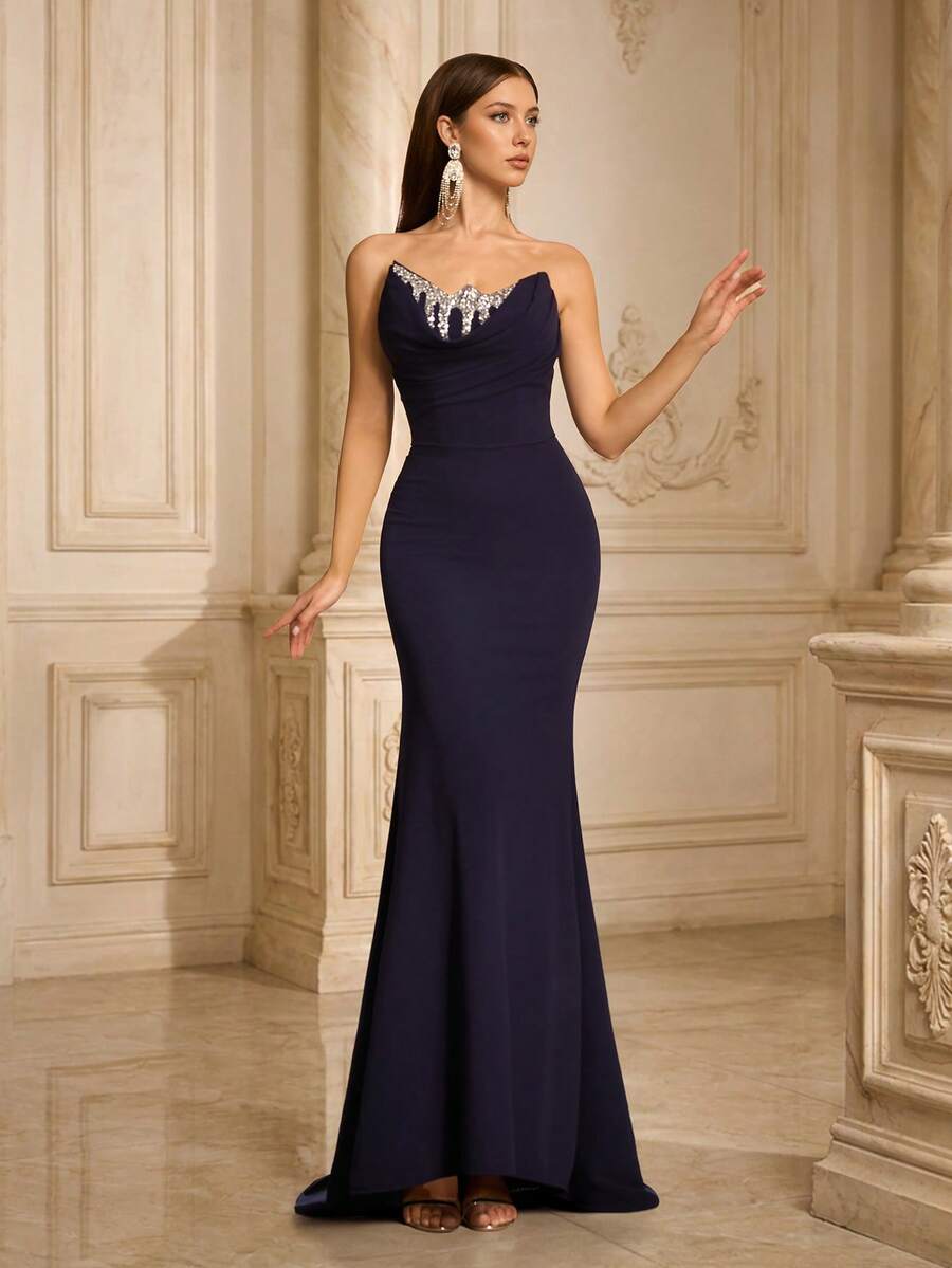 VIPGIRL Novo e elegante vestido de noite luxuoso azul marinho com busto plissado, perfeito para casamentos e festas formais. - Azul marinho - Ver 1