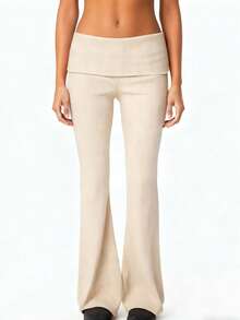 Women's Flared Pants Stylish Solid Color Ribbed Fold-down Waist Design Casual Slim Fit Bell Bottoms - Champán - Ver 2