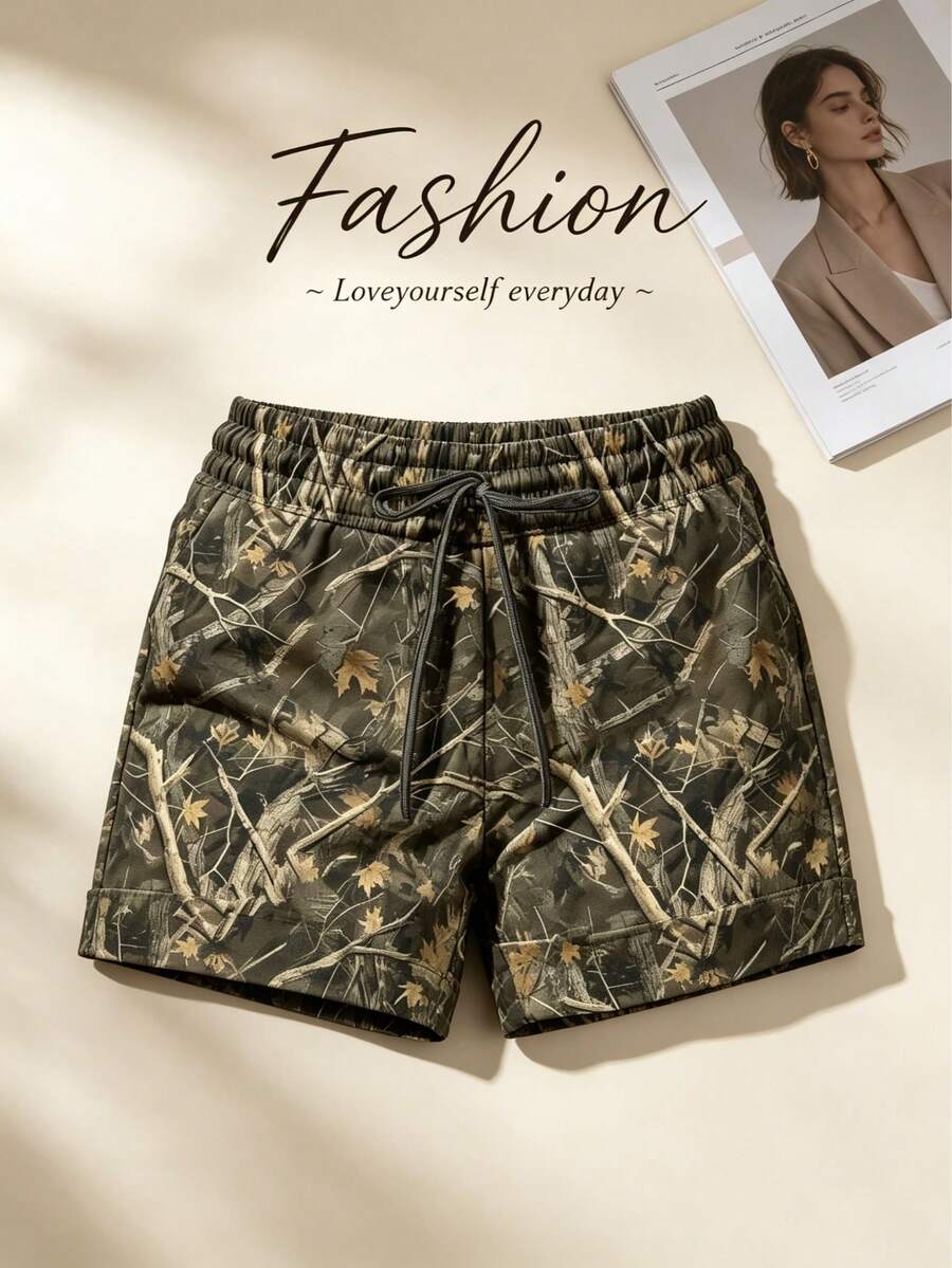 Women's Fashion New Digital All-Over Print Casual Sports Shorts Summer - Dark Green - View 1