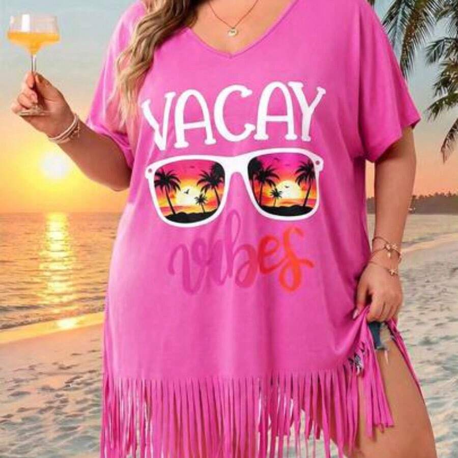 CURVE+ Curve Size US22Music Festival, Seaside Vacation, Bohemia Women's V-Neck Printed Loose Beach Cover-Up Top, Suitable For Summer Beach Vacation Plus Size Bathing Suits Women - Rosa Fucsia - Ver 1
