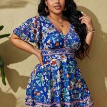 Swim Lushore Summer Beach Plus Size Flower Printed Swimwear Set - Azul - Ver 1