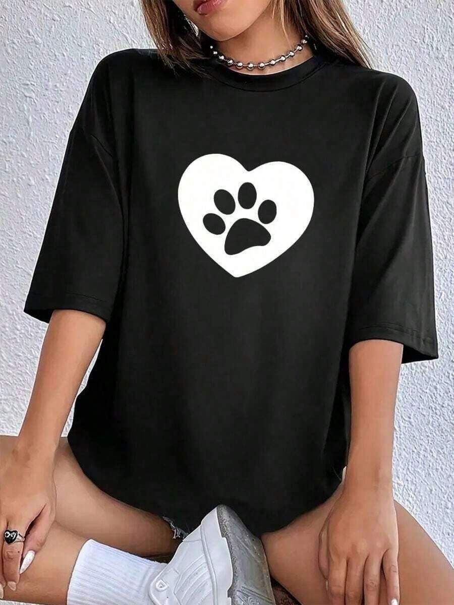 Camisetas Mujer Estampado Huella Corazón Primavera Verano Casual Suelta Cuello Redondo Manga Corta XA5E - Negro - Ver 1
