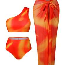 Swim Oasis Plus Size Women's High-End Oasis 3-Piece Set: Yellow Ombre Print One-Shoulder Pleated High-Waist Pants Suit With Ombre Placement Print Mesh Skirt, Summer Beach Resort - Multicolor - Ver 4