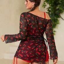 Swim Mod 1 Set Plus-Size Swimwear With Cherry & Fruit Prints, Vacation Girlish Design For Summer - Negro - Ver 4