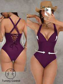 Traje de baño de una pieza con control de abdomen y push-up, con parches de color marrón, cordón de ajuste elegante y sexy, para fiestas y piscina - Rojo violeta - Ver 1