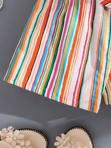 Girls' Summer Fashion Casual Rainbow Striped Faux Skirt Shorts, Comfortable Soft Outdoor Vacation Beach Skirt Shorts With Bow Decor, Tween Girl' Summer Shorts Skirt - Multicolor - View 5