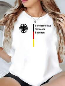 Símbolo de águila negra junto a texto humorístico alemán con líneas verticales en los colores de la bandera que representan orgullo y alegría camiseta de mujer casual moderna y cómoda - Blanco - Ver 1