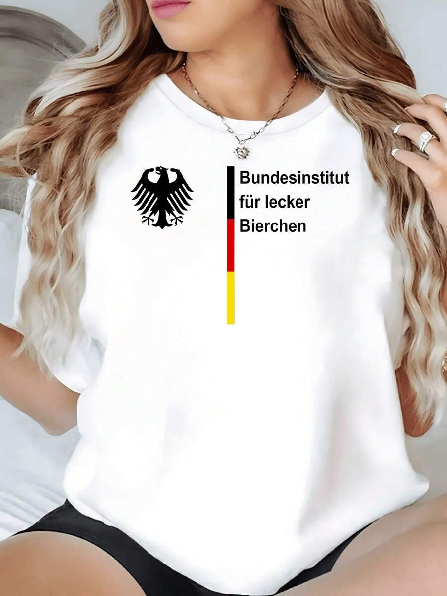Símbolo de águila negra junto a texto humorístico alemán con líneas verticales en los colores de la bandera que representan orgullo y alegría camiseta de mujer casual moderna y cómoda - Blanco - Ver 1