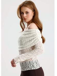 RoseArya Bardot-ringad spetsblus med transparent mönster - Beige - Visa 4