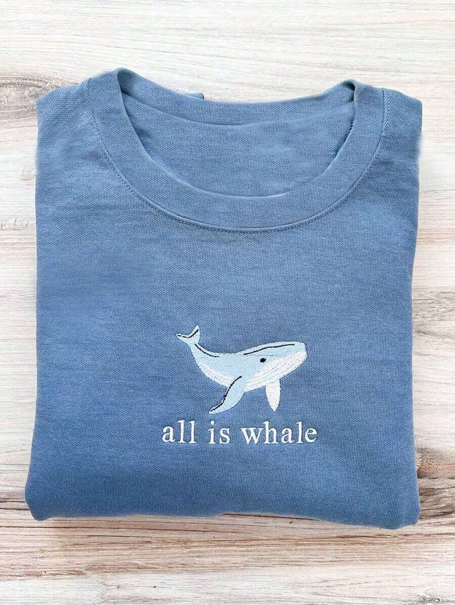 Camiseta Personalizada de Verano 2026, Top Azul Claro, Top Bordado con Ballena, Camiseta 100% Algodón, Camiseta Casual, Top Kawaii, Camiseta Minimalista, Camiseta de Manga Corta - Camiseta de Algodón Holgada de Manga Corta y Cuello Redondo Estilo Vintage Urbano - Azul - Ver 1