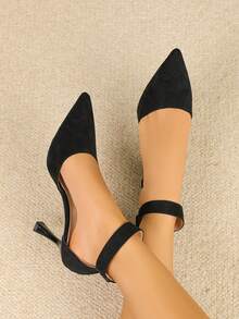 Elegant Black Velvet Strap Pointed Toe Stiletto Heels, Visually Elongating Legs - Black - View 3