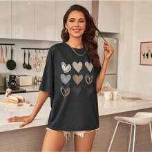 Camiseta de Mujer con Estampado de Corazón, Divertida, de Manga Corta para Verano - Negro - Ver 5