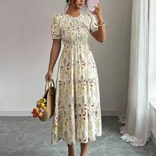 Elenzya Elegant Floral Print Ruched Waist Layered Splice Dress For Women, Suitable For Vacation - Multicolor - Ver 7