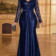 Lady Women's V-Neck Lace Patchwork Pleated Elegant Waist Cinched Long Party Dress - Verde Oscuro - Ver 9