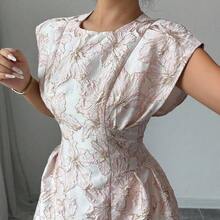 Women Elegant Jacquard Waist Tie Cap Sleeve Summer Dress - Rosa - Ver 5
