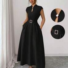 Elenzya Women's Elegant Casual Commute Vacation Afternoon Tea Valentine's Day Party Solid Color Keyhole Neck Sleeveless Waist Ruched Buckle Belt Flared Hem Pockets Dress, Spring/Summer Long Dress With Pocket Women's Dress Formal Wear High Quality Dress Wommen Dress Women Dresses Elegant Classic - Negro - Ver 1