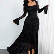 Women's Elegant French Romantic Sexy Square Neck Rose Lace Jacquard Vintage Double-Layer Ruffle Sleeve Asymmetrical Hem Dress, Suitable For Dates, Holidays And Daily Wear Spring - azul real - Ver 8