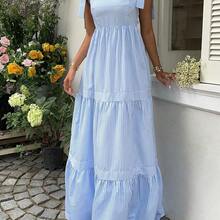 SunnyBelle Blue Striped Square Neck High Waist Sleeveless Backless Spaghetti Strap Drawstring Maxi Dress, Sexy & Vacation Style, Spring/Summer - Multicolor - Ver 6