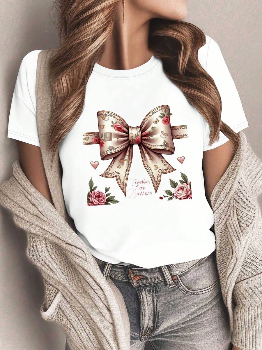 Camiseta cómodara mujer hecha de telura con un lazo vintage, querubín y diseño de flor para el Día de San Valentín