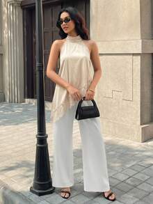 Women's Black Camisole Top, Asymmetric Hem, Backless Design, Contrast Lace Trim, Regular Length Summer - Apricot - View 5