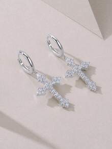 Bông tai bạc 925 đính đá Moissanite, thiết kế hình thánh giá, không gây dị ứng, quà tặng cho Ngày Valentine, Ngày của Mẹ, đám cưới, lễ đính hôn, sinh nhật, kèm hộp quà và giấy chứng nhận. - Bạc - Xem 5