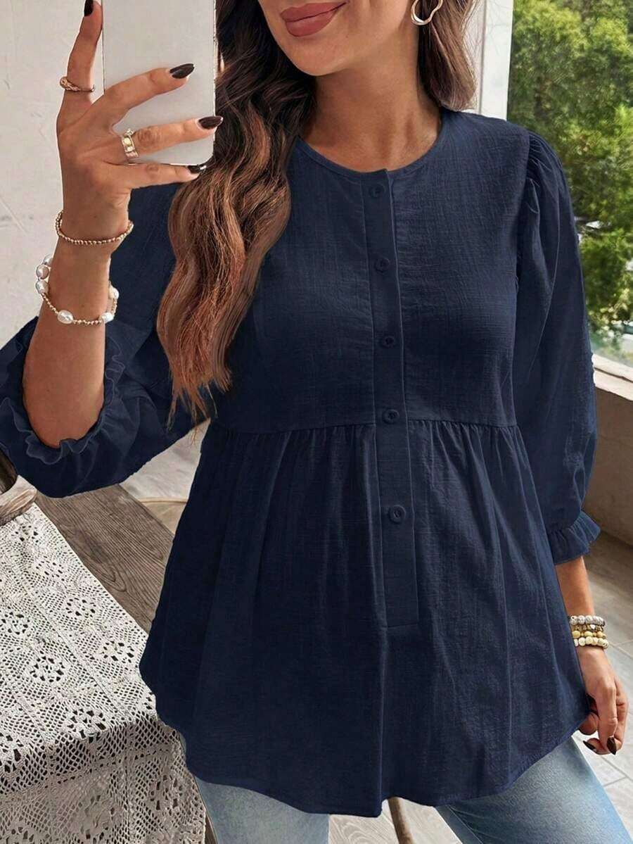 Maternity Casual Solid Color Round Neck Long Sleeve Shirt - Navy Blue - View 1