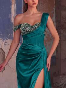 Faeriesty Vestido de noche elegante de mujer con un hombro y abertura alta, vestido de fiesta ajustado adecuado para banquetes, galas, bodas y otras ocasiones formales - Agua verde azul - Ver 5
