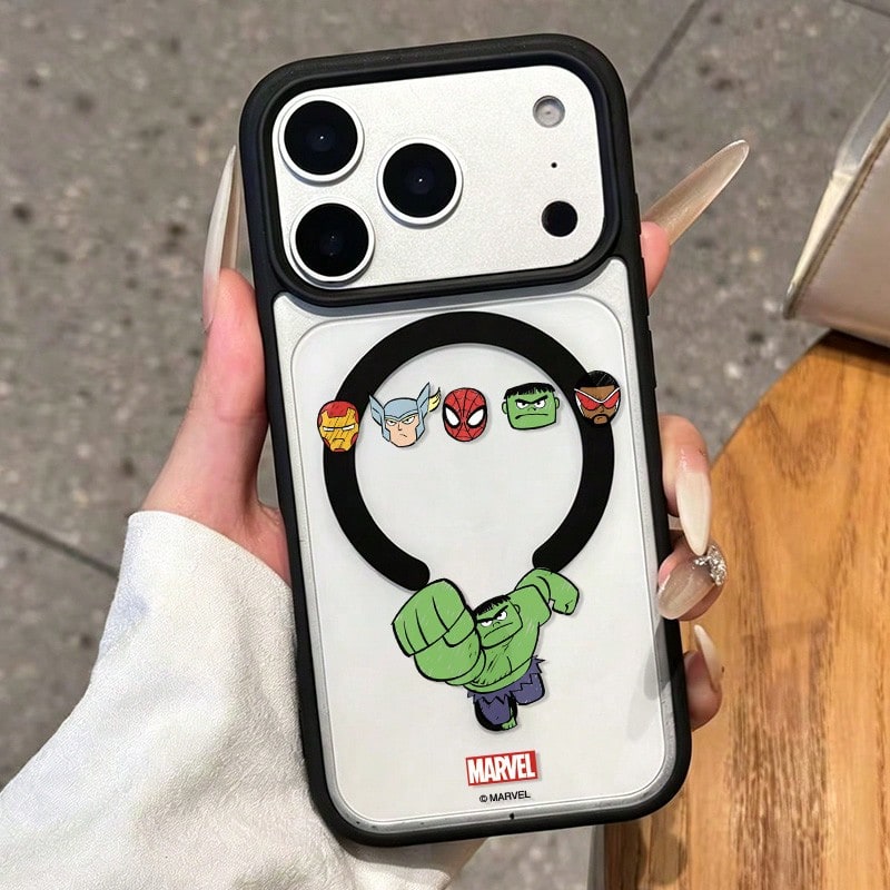 Miniso 漫威蜘蛛人綠巨人卡通小眾設計magsafe磁力充電充電適用於iphone17promax/16pro/15plus/17air/14/13/12/16promax/15pro男款防摔保護殼相容apple - 黑色 - 查看 1