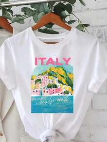 1 pieza de camiseta de mujer con cuello redondo y estampado de letras y dibujos animados, diseño sencillo, cómoda y transpirable, esencial y versátil, adecuada para el ocio diario, muestra un estilo natural y elegante, imprescindible para el verano. |     Corte relajado |     180g 100% Algodón - Blanco - Ver 7