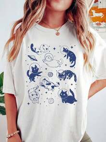 1 pieza de camisa espacial para mujer - Blusa de manga corta con diseño de gatito adorable, top casual de cuello redondo para primavera y verano con estampado de gato atigrado y temática espacial, lavable, 180g, 100% algodón. - Blanco - Ver 8