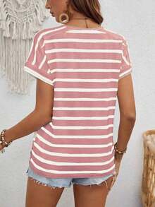 Camiseta con mangas de murciélago a rayas, informal, camisetas gráficas de verano para mujeres - Rosa - Ver 2