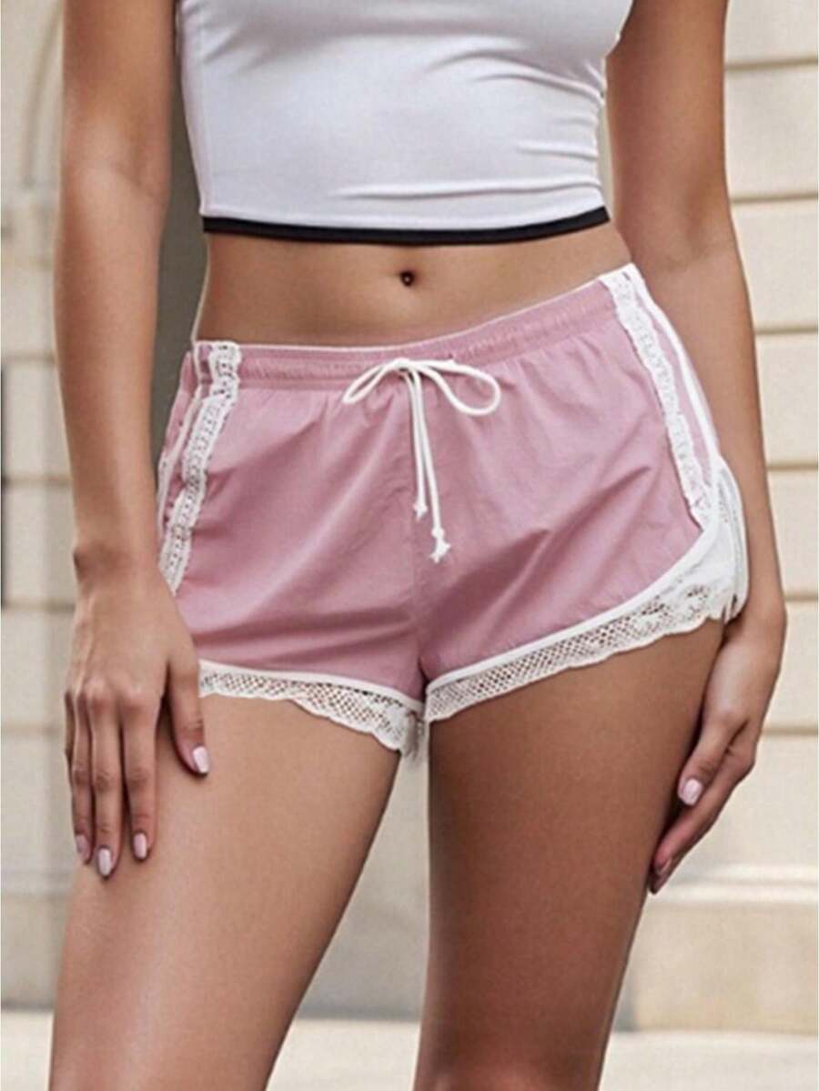 Women's Lace Trim Shorts Casual Loose Fit Stylish Drawstring Mid Rise Shorts For Summer - 粉色 - 查看 1