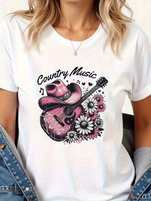 Talla Grande, Camiseta Gráfica de Música Country para Mujer - Diseño de Vaquera del Oeste con Sombrero de Vaquero Rosa, Guitarra y Estampado Floral, Manga Corta, Cuello Redondo, Top Casual para Primavera Verano, Ropa para Fanáticos de la Música Country - Blanco - Ver 7