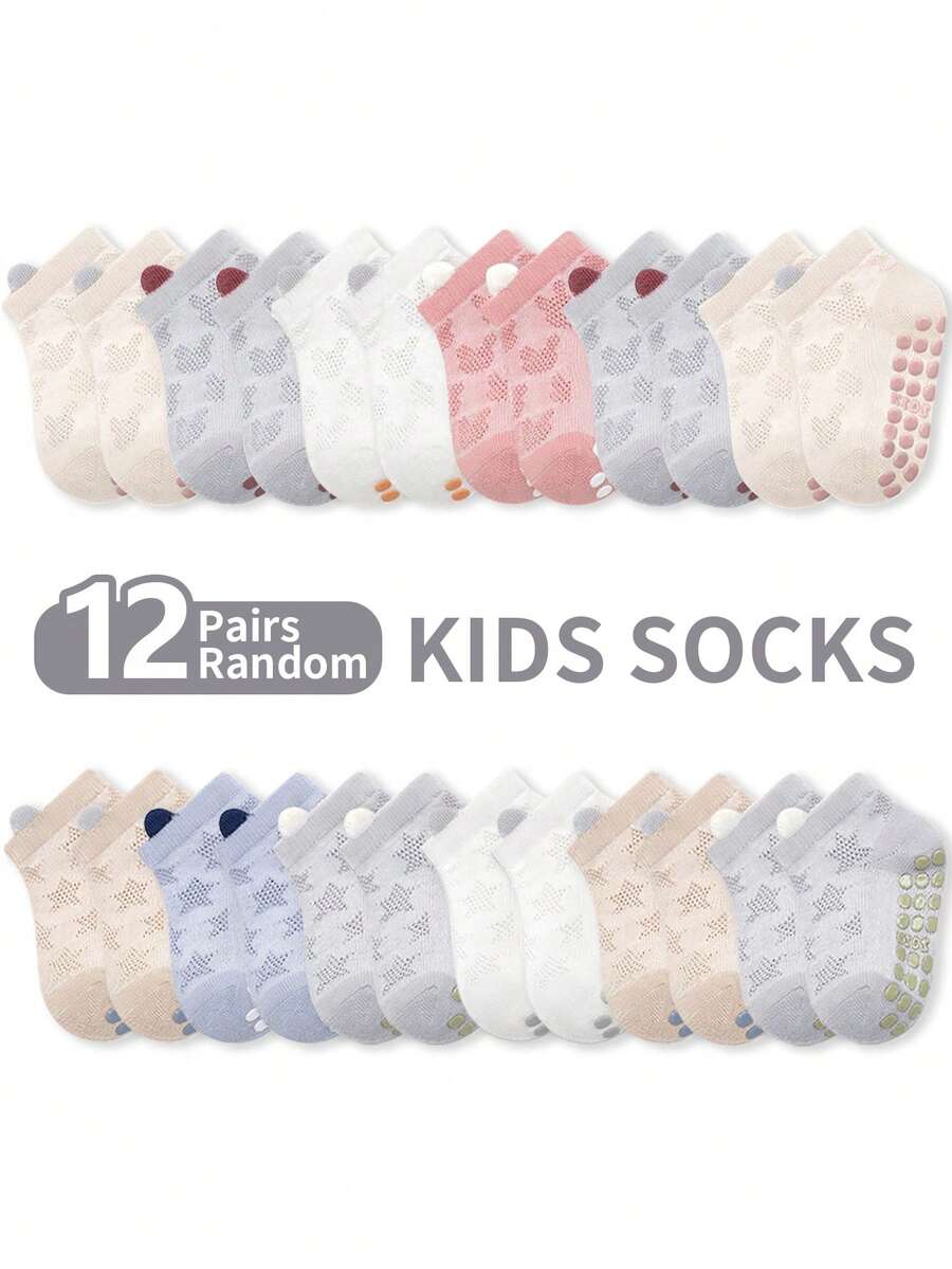 12 Pairs Random Mixed Color Baby Floor Socks, Rabbit Mesh Breathable Dot Grip Infant Walking Shoes, Boys Girls Solid Color Versatile Blue Star Soft Sole Indoor Anti-Slip Socks - Multicolor - View 1