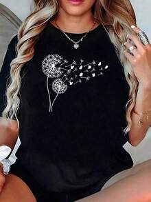Playera Negra Liso de Mujer de Corte Holgado, Camiseta Estética de Naturaleza con Gráfico Minimalista de Diente de León y Mariposas, Tops de Moda Juvenil y Casual, Blusas Bonitas Elegantes, Ropa Vintage de Verano, Camisas Lindas LD6V - Negro - Ver 8