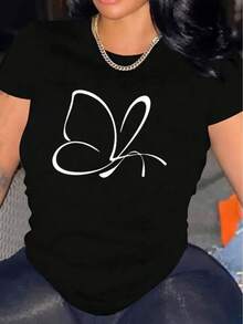 1 camiseta casual de manga corta para mujer, 100% algodón grueso - cuello redondo cómodo, top suave y bonito, 180g 100% algodón. - Negro - Ver 1