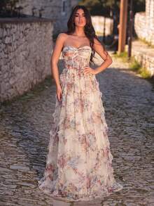 Đầm ống in hoa, kiểu dáng corset xếp ly, viền bèo nhún. - Màu be - Xem 1