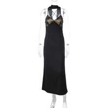Vestido Halter  Nuevo Escote Profundo Espalda Abierta Corte Largo Estilo Puro - Negro - Ver 8