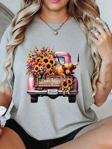 Camiseta de mujer con diseño de vaca de las Highlands escocesas - Diseño de camioneta rosa y vaca escocesa, top casual de verano con cuello redondo suave, atuendo tradicional escocés adecuado para fiestas temáticas escocesas, vestimenta informal, ropa lavable a máquina. - Blanco - Ver 6