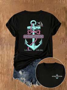 Camiseta Casual de Mujer Estilo Sureño con Ancla Azul Marino para Verano - Negro - Ver 1