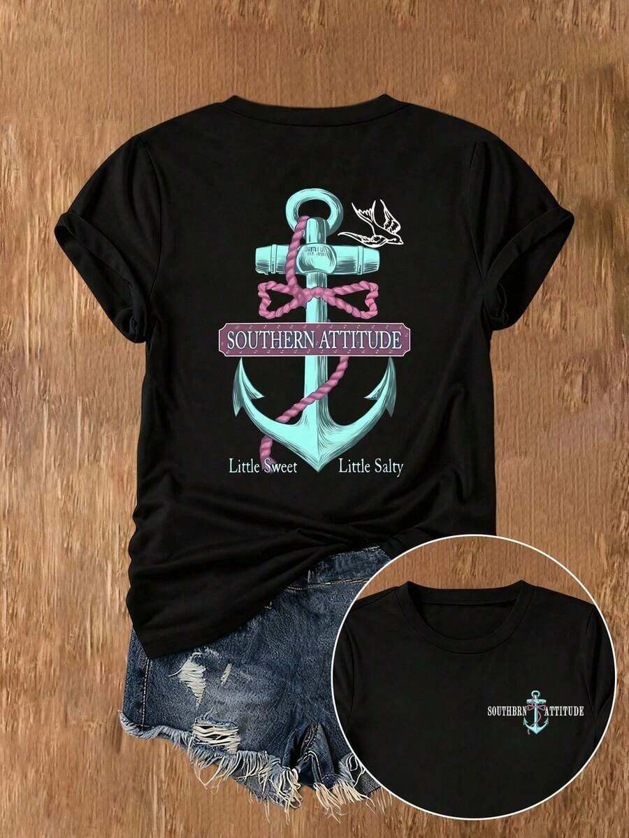 Camiseta Casual de Mujer Estilo Sureño con Ancla Azul Marino para Verano - Negro - Ver 1