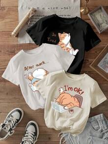 Con un estampado de gato de dibujos animados de verano, esta elegante camiseta de manga corta y cuello redondo para mujer es holgada, casual y versátil. Es una prenda única, no un conjunto de 3 piezas. Elija una de las tres tallas para uso diario, Navidad, Pascua y todas las festividades. - Blanco - Ver 1