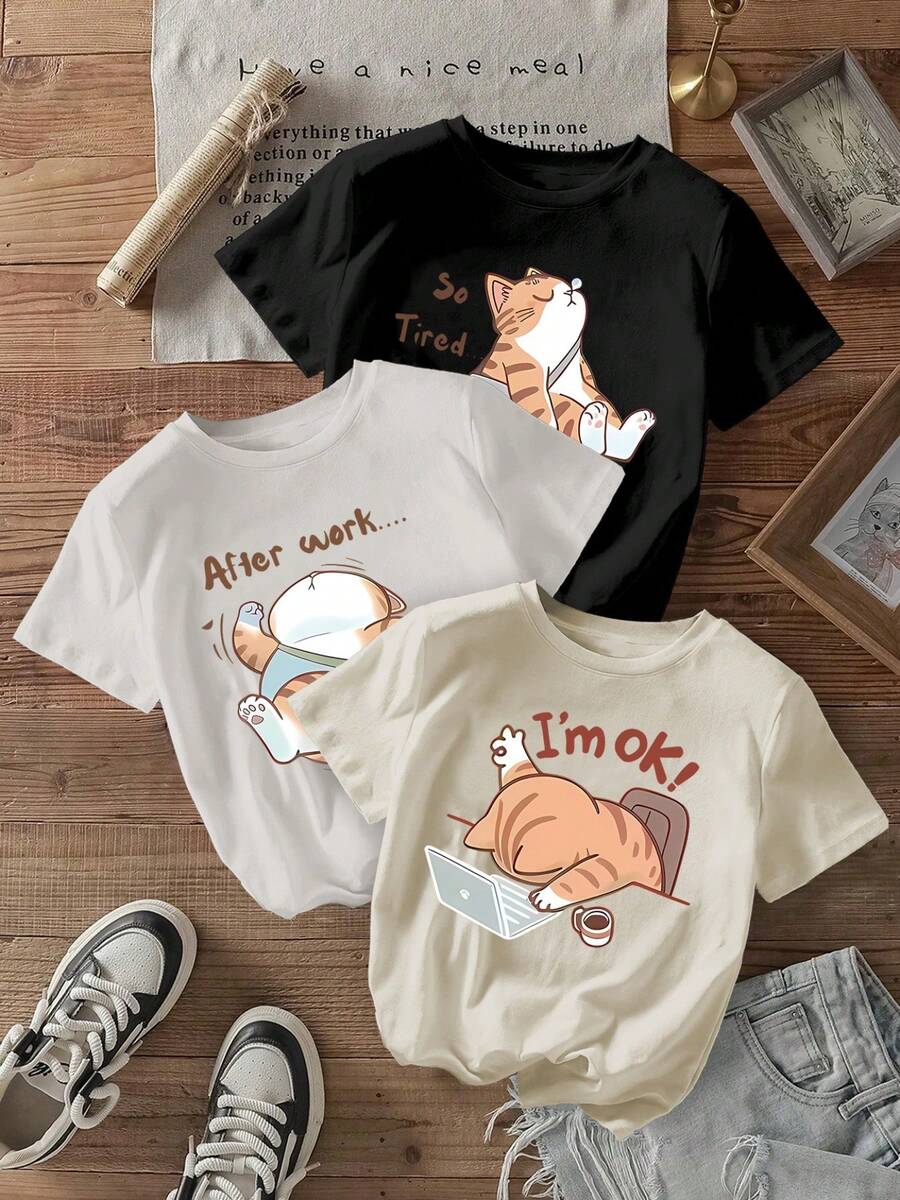 Con un estampado de gato de dibujos animados de verano, esta elegante camiseta de manga corta y cuello redondo para mujer es holgada, casual y versátil. Es una prenda única, no un conjunto de 3 piezas. Elija una de las tres tallas para uso diario, Navidad, Pascua y todas las festividades. - Blanco - Ver 1