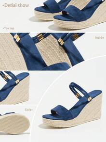 Women's Wedge Thick Bottom Sandals, Woven Straw Rope, Minimalist Strap Two-Way Wear Round Toe High Heel Slides - Blue - View 6