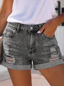 Women's Casual Blue Denim Shorts With Button Details And Rolled Hem, Non-Stretch Fabric, Suitable For Daily Wear Summer - Light Grey - View 3