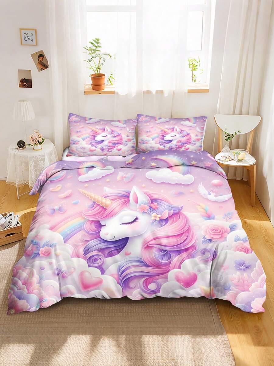 2/3件夢幻睡眠獨角獸被套組,3D馬卡龍彩虹雲朵花卉兒童床上用品含枕套,柔軟兒童臥室裝飾寢具組 (單人/雙人/大號/特大號) - 彩色 - 查看 1