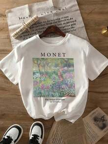Camiseta blanca de mujer de puro  con estampado gráfico floral y de letras vibrantes, corte holgado, cuello redondo, manga corta, top casual para primavera/verano, camiseta transpirable lavable a máquina para uso diario y fiestas - Blanco - Ver 1