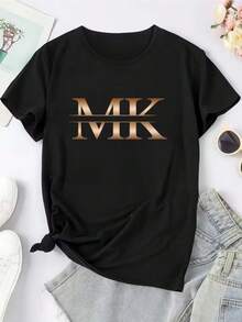 VivaGlam-Golden Art Letter Print Pattern - Elegant And Fashionable - Women's Crew Neck Pullover T-Shirt Casual S Short Sleeve S-XXL Size, Multiple Colors Available, New Women's Top - 黑色 - 查看 2